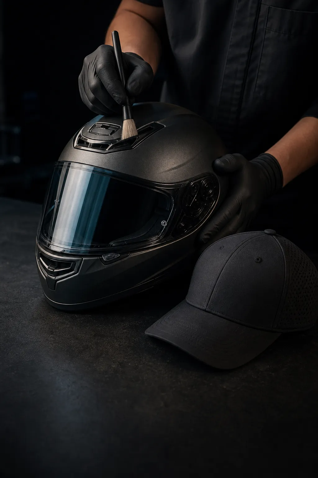 A specialist detailing a motorcycle helmet beside a structured cap